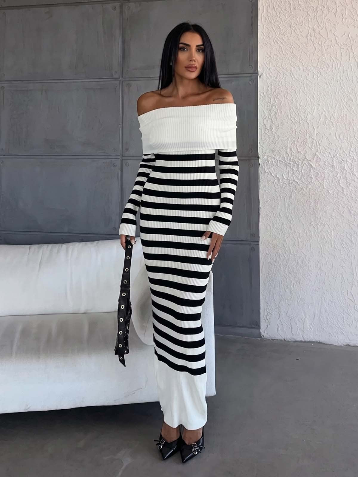 Off-Shoulder Stripe Midi Dress – Ribbed Knit Bodycon Slim Fit Casual Dress