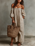 Linen Striped Off-Shoulder Maxi Dress with Puff Sleeves and Wide Leg Design