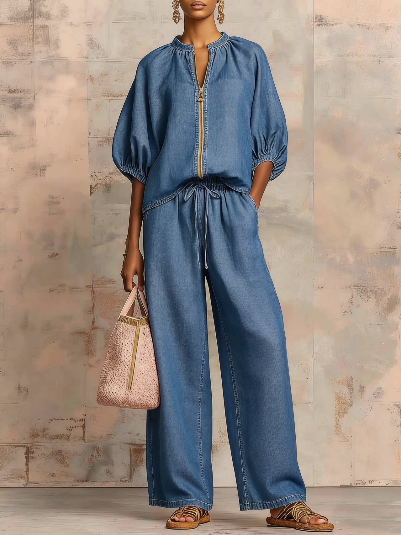 Linen Zip Up Blouse & Wide Leg Pants Two-Piece Set