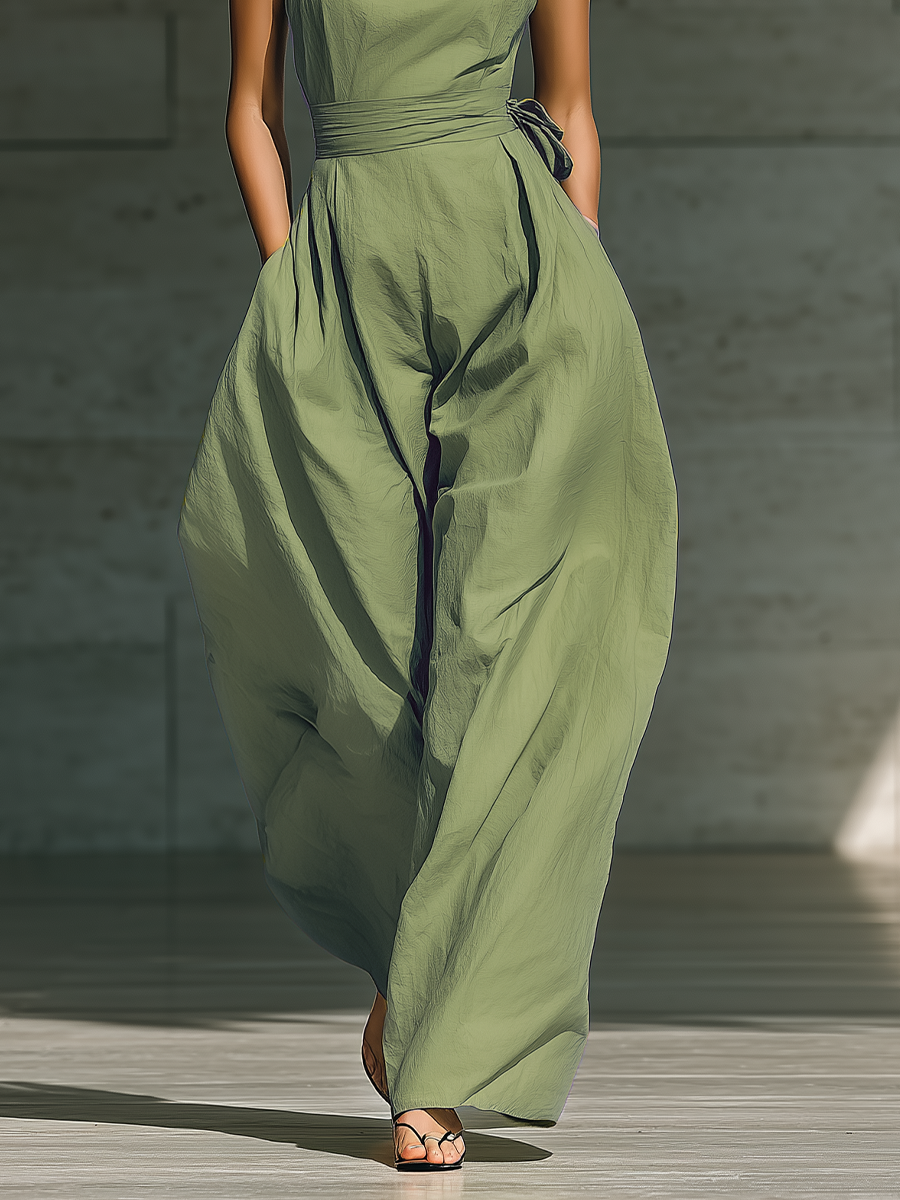 Organic Cotton One-Shoulder Flowy Maxi Dress with Tie Detail for Women