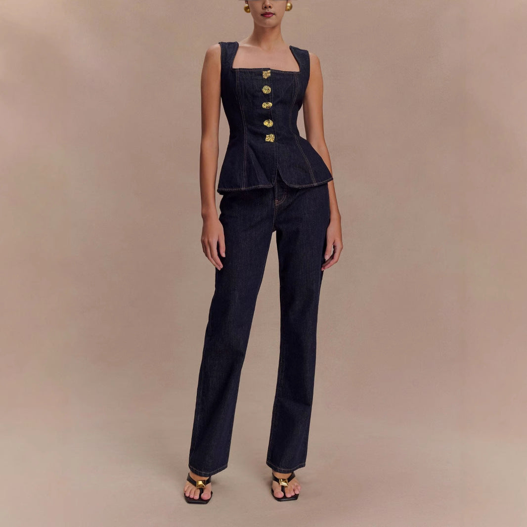 Denim Peplum Top & Pants Set