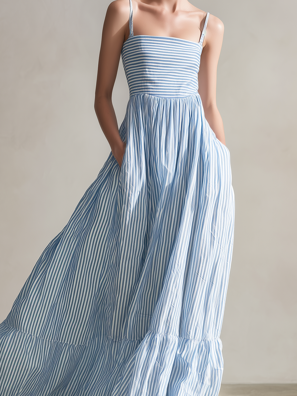 Cotton Striped Maxi Dress with Spaghetti Straps and Tiered Skirt