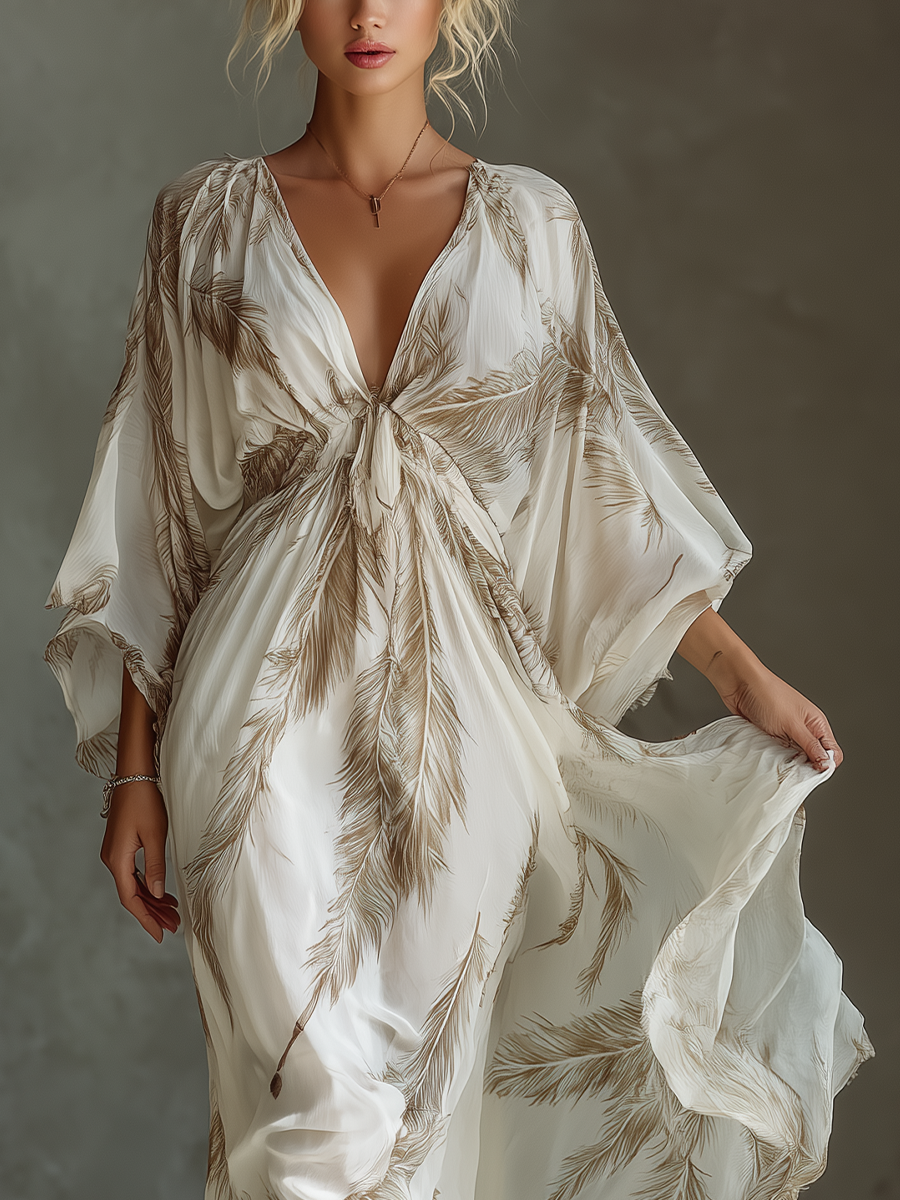 Chiffon Palm Print Maxi Dress with Deep V-Neck and Wide Sleeve for Boho Summer Beach Wear