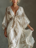 Chiffon Maxikleid mit Palmenmuster, tiefem V-Ausschnitt und weiten Ärmeln für den Boho-Sommerstrand
