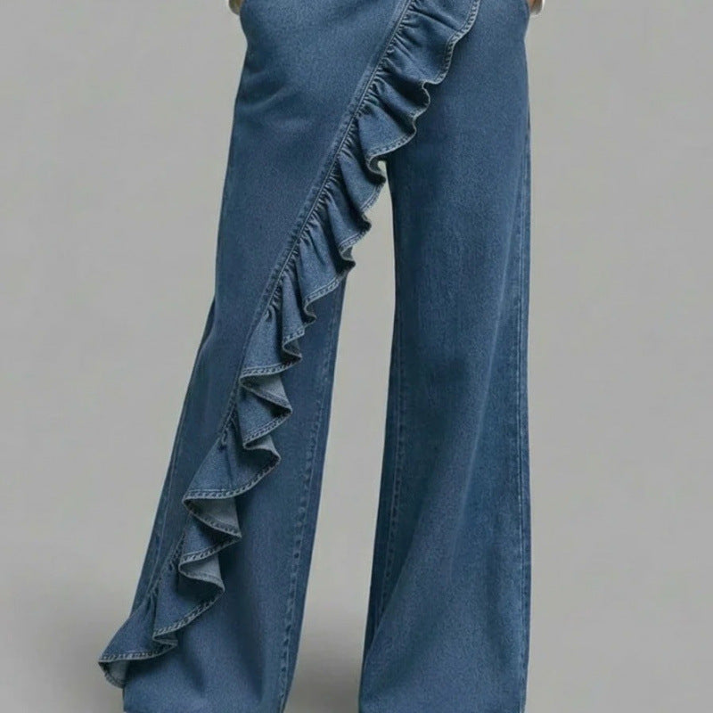 Asymmetrical Ruffle Denim Pants
