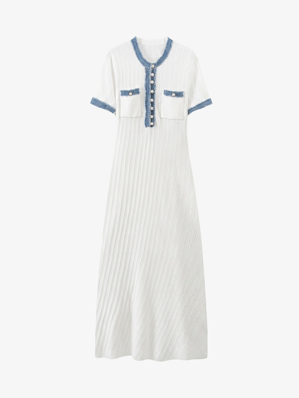 Ribbed Knit Denim Trim Midi Dress