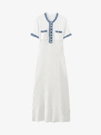 Abito midi in maglia a coste con profili in denim