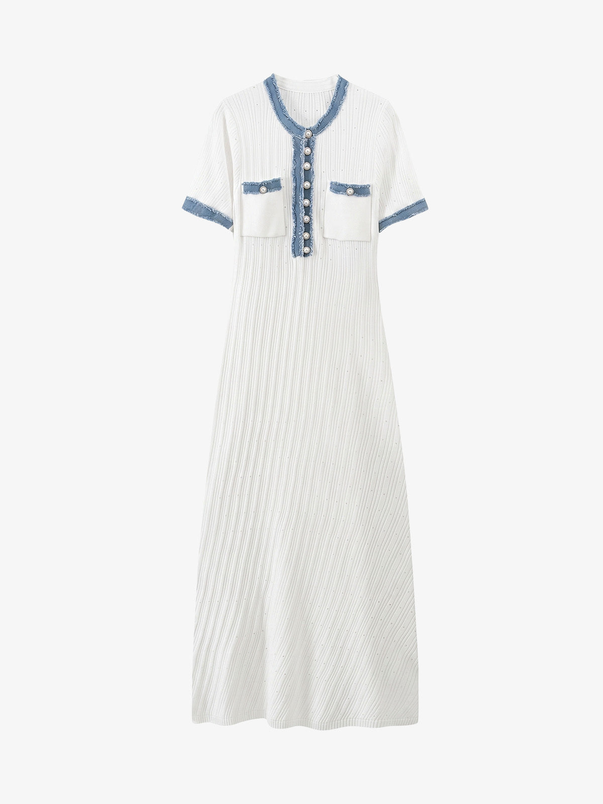Ribbed Knit Denim Trim Midi Dress