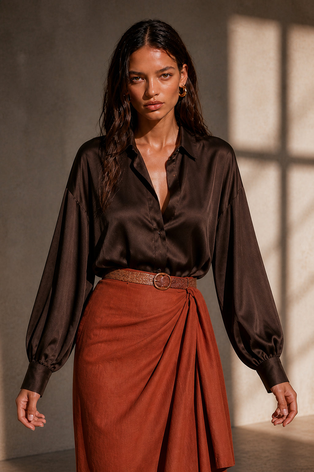 Silky Wrap Shirt Skirt Set
