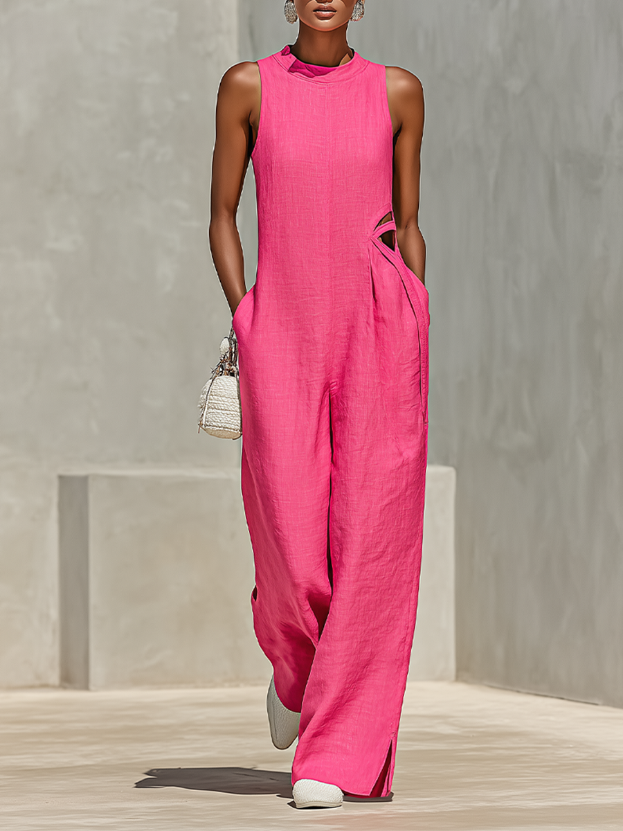 Linen Sleeveless Wide Leg Jumpsuit with Side Cutout Design for Women