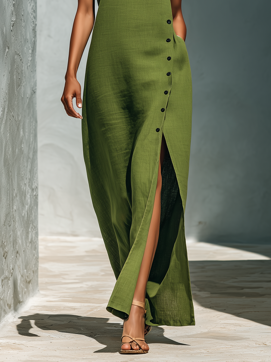 Linen Maxi Dress with Side Button Detail and High Slit for Women