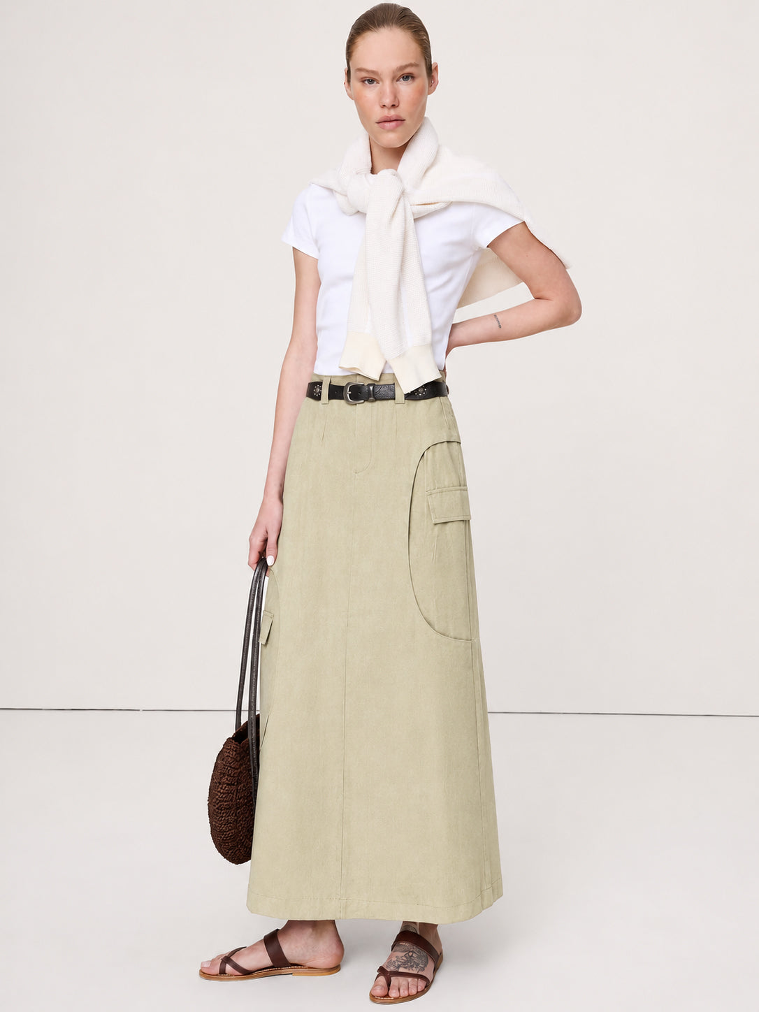 Curved-Seam Cargo Midi Skirt With Studded Belt