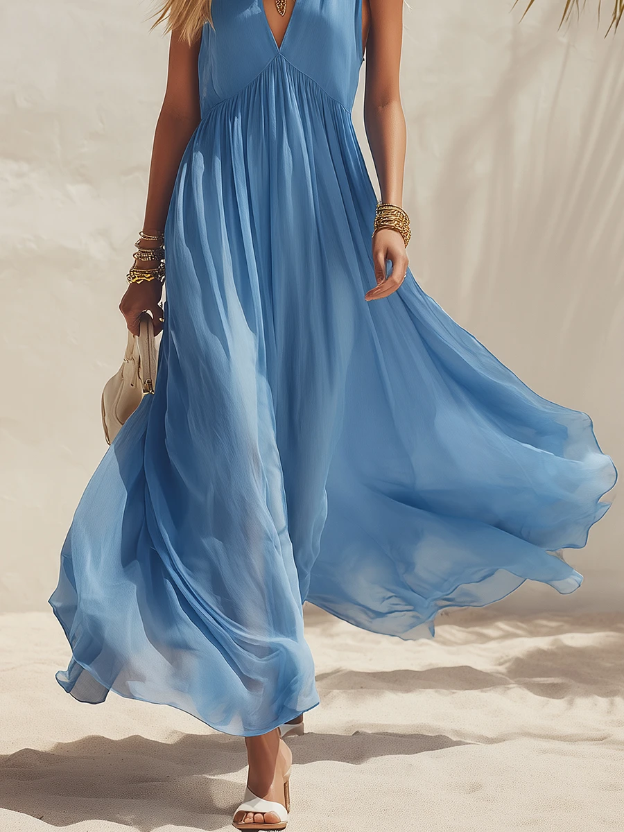 Sky Blue Chiffon Pleated Maxi Dress