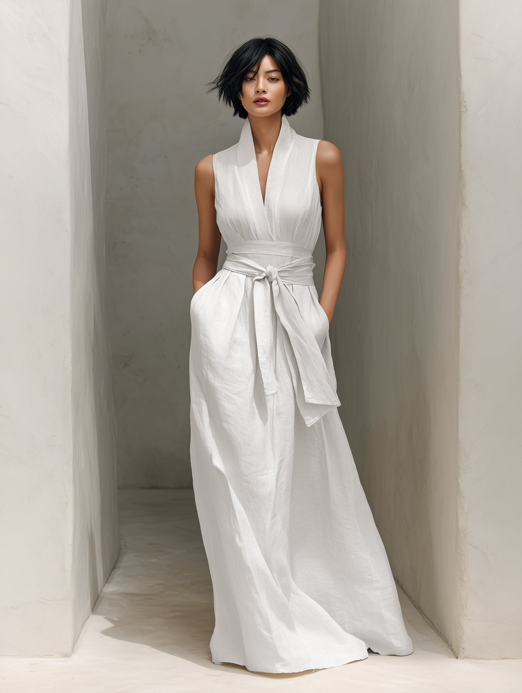 Linen Maxi Dress Women Sleeveless V-Neck Wrap Belted Long Flowy Boho Summer Dress Elegant White Robe
