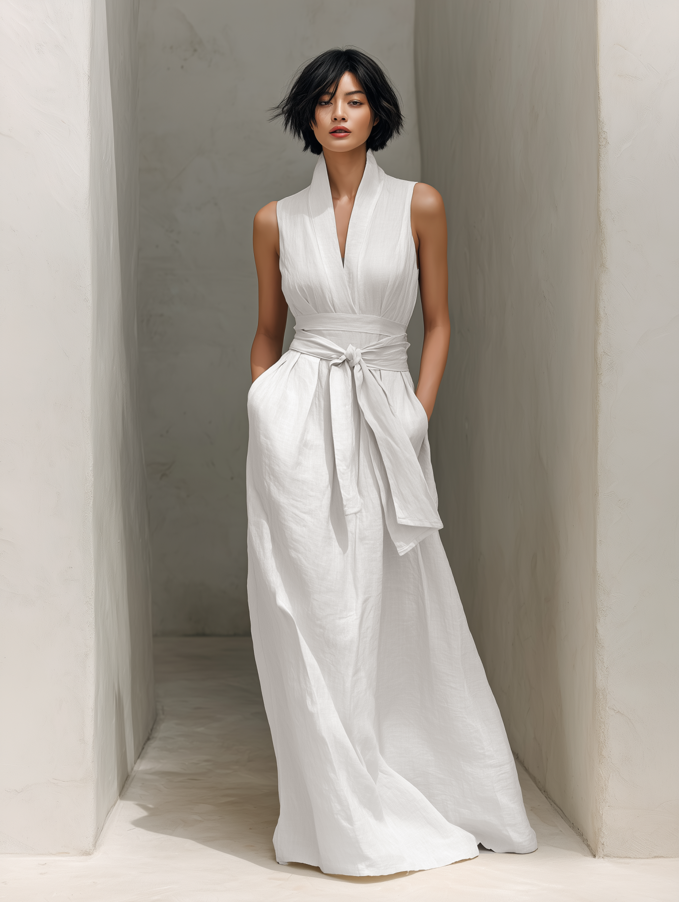Linen Maxi Dress Women Sleeveless V-Neck Wrap Belted Long Flowy Boho Summer Dress Elegant White Robe