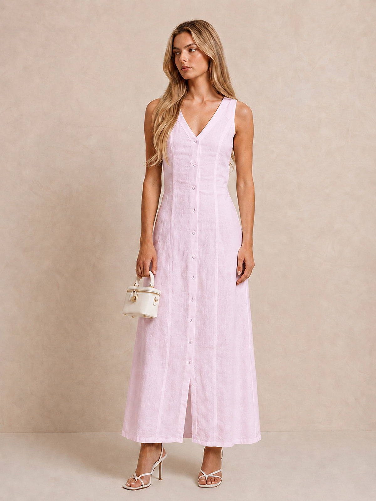 Sleeveless Button Linen Maxi Dress