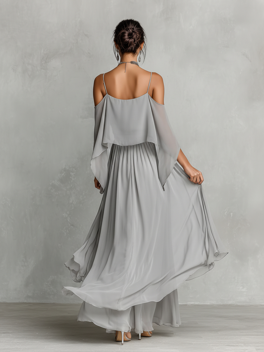 Chiffon Cold Shoulder Long Dress with Asymmetric Hem and Flowy Sleeve