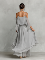 Chiffon-Maxikleid mit schulterfreiem Design, asymmetrischem Saum und fließenden Ärmeln
