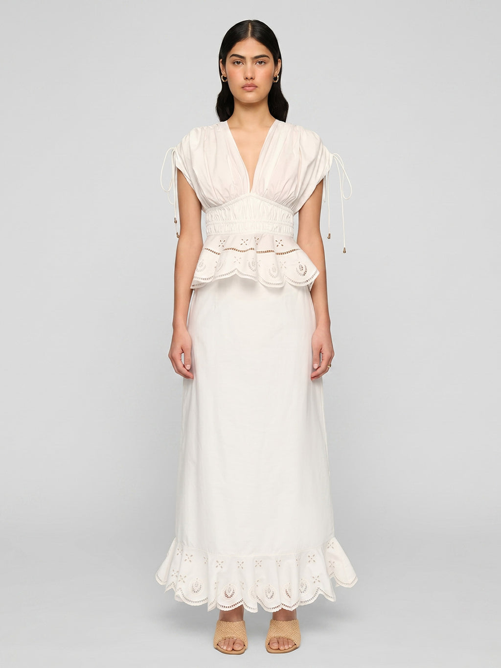 Eyelet Puff Sleeve Peplum Maxi Dress