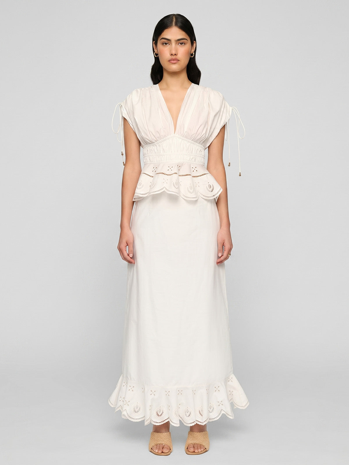 Eyelet Puff Sleeve Peplum Maxi Dress