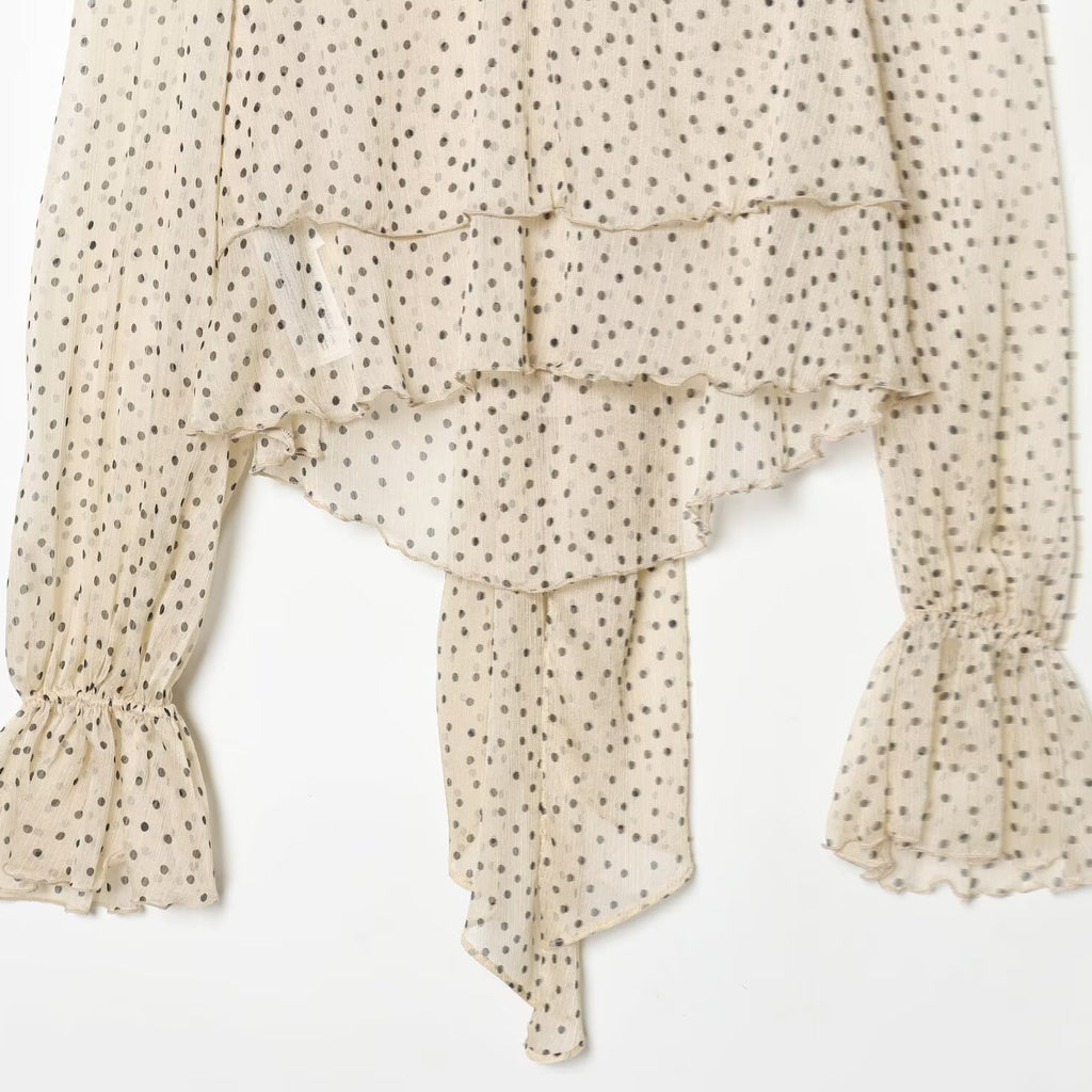 Polka Dot Tie-Neck Ruffle-Cuff Blouse