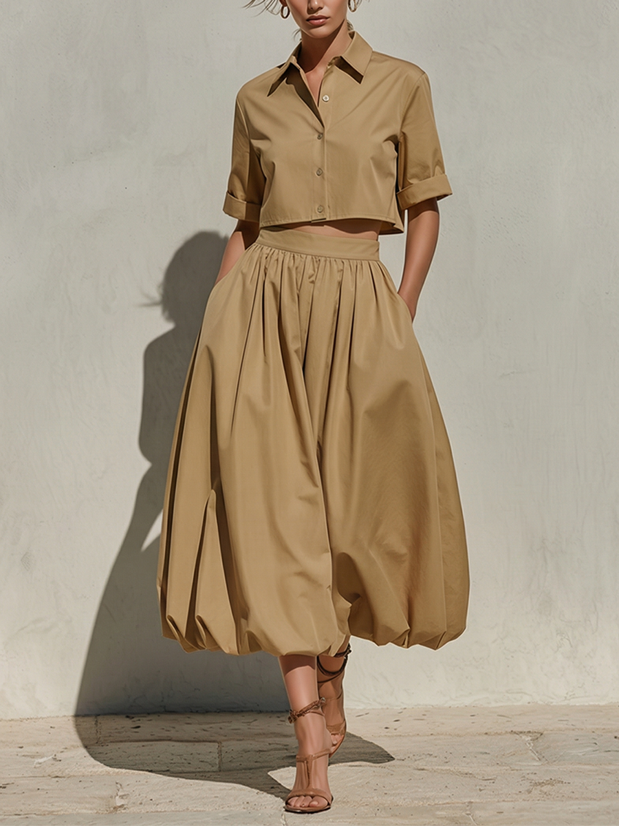 Cotton Blend Pleated High Waist A-Line Midi Skirt for Women
