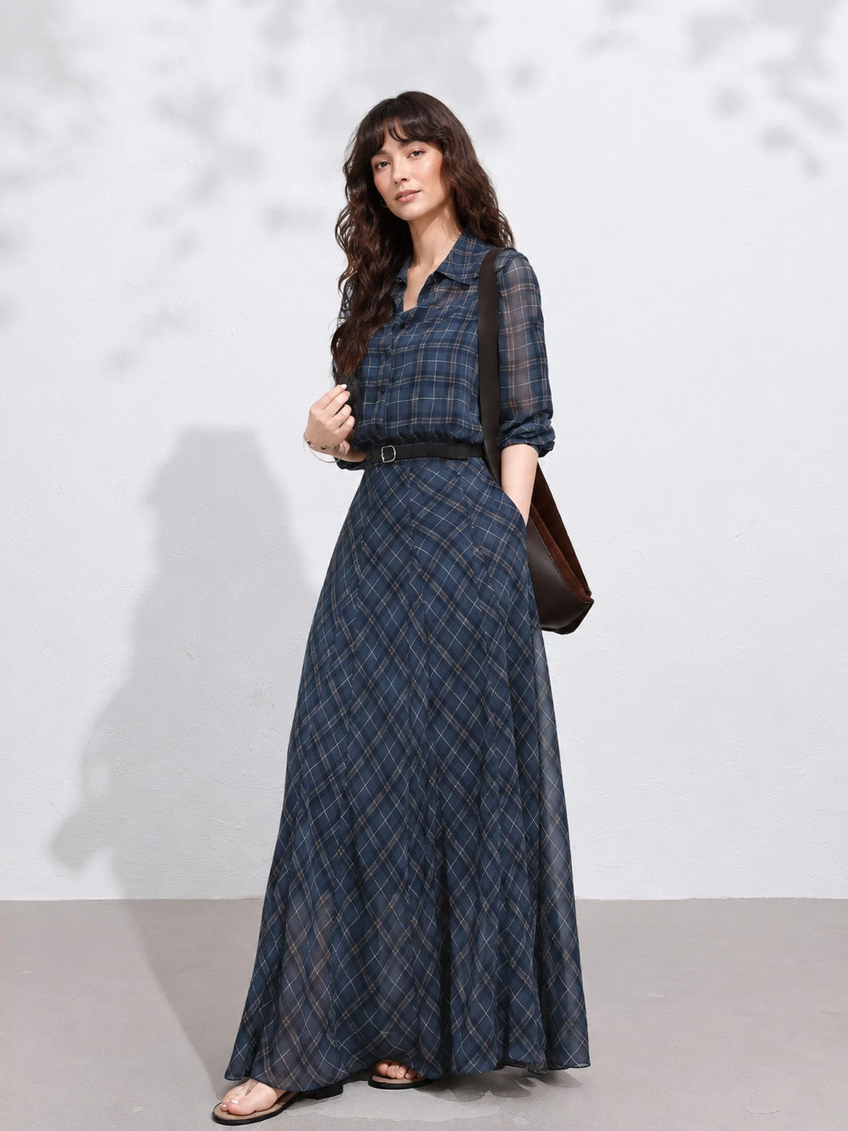 Belted Plaid Shirt Maxi Dress