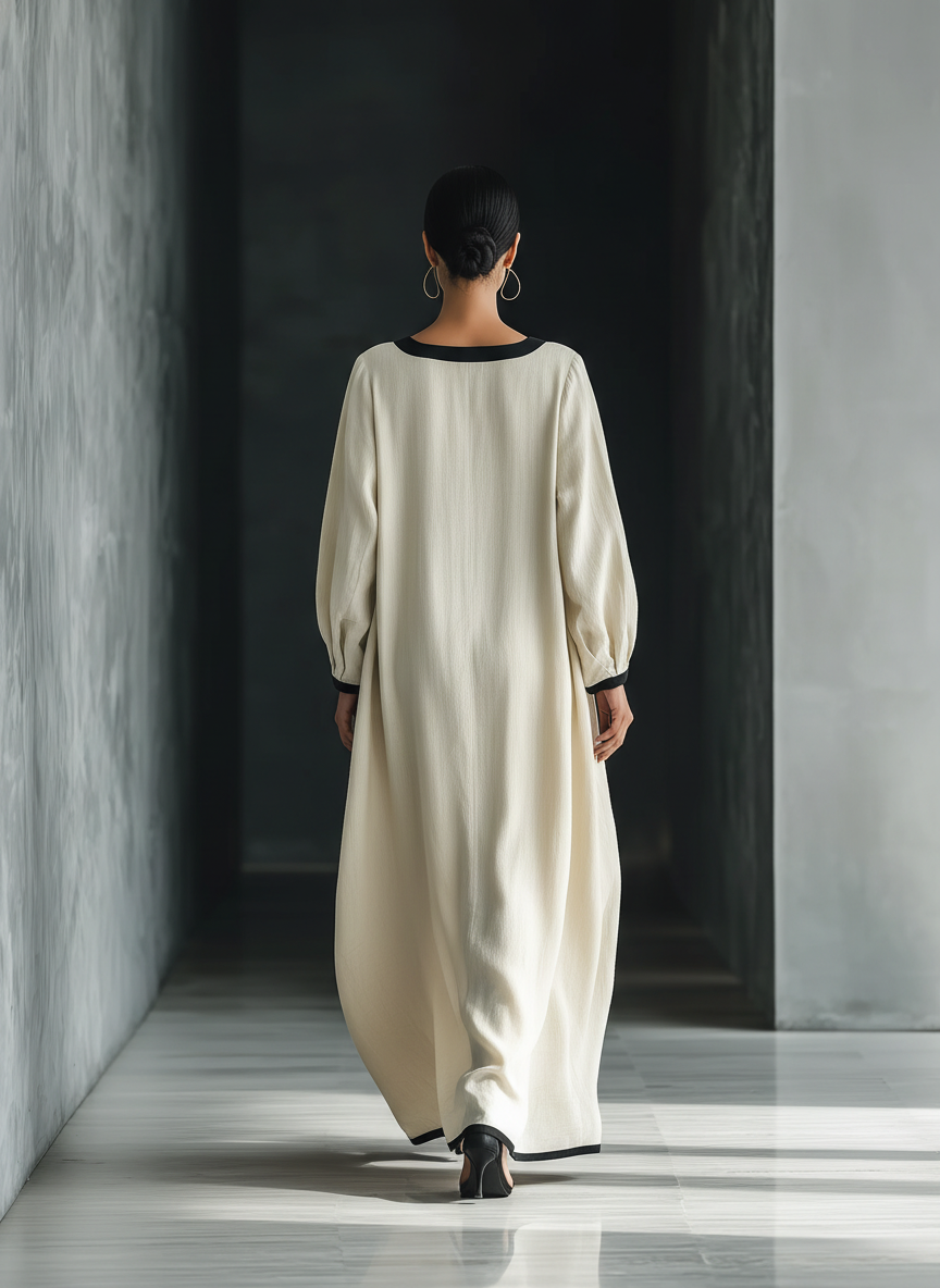 Linen Maxi Dress with Black Trim Square Neckline Long Sleeve Loose Fit Boho Style Women's Summer Dress