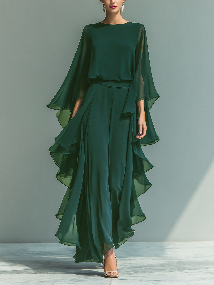 Chiffon Long Sleeve Layered Ruffle Maxi Dress for Women Elegant Navy Blue Formal Evening Gown with Cape Sleeves