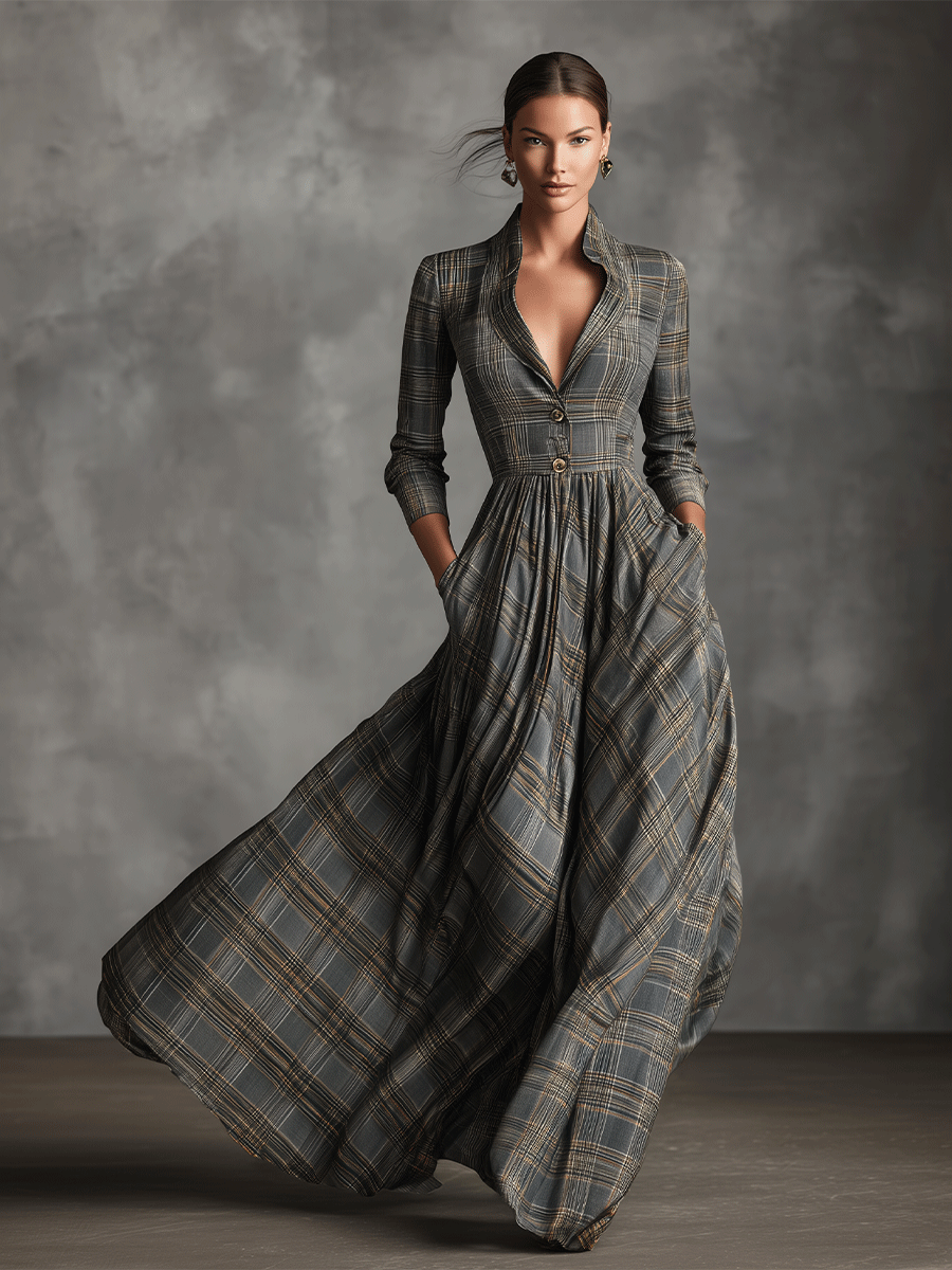 Plaid Wool-Blend Maxi Dress with Button Front and Flared Skirt