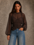 Sheer High-Neck Ruched-Waist Balloon-Sleeve Blouse