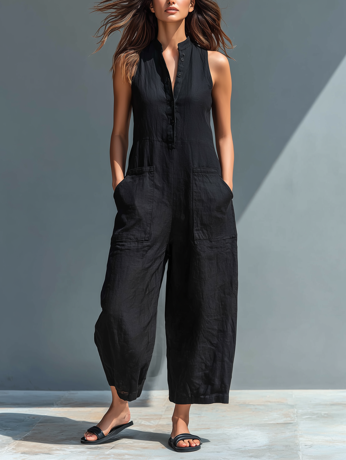 Linen Sleeveless Button Front Jumpsuit