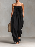 Linen Strapless Maxi Dress for Women - Boho Wide Leg Jumpsuit with Drawstring Waist and Side Pockets
