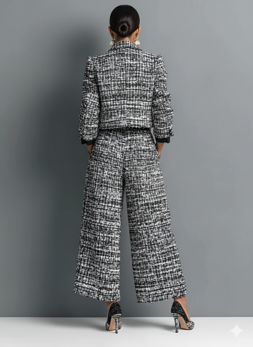 Tweed Wool Blend Wide Leg Pants & Blazer Set for Women - Stylish Office Workwear with Plaid Pattern and Belted Design
