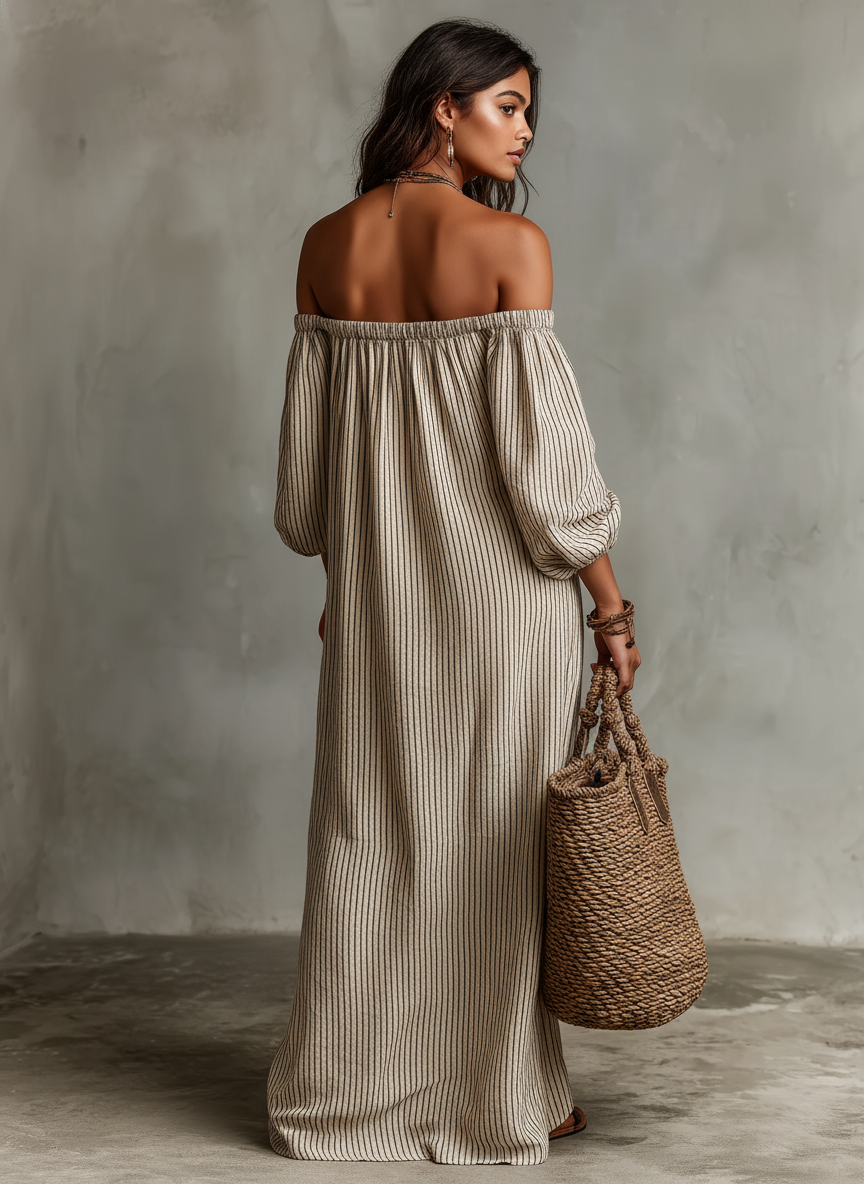 Linen Striped Off-Shoulder Maxi Dress with Puff Sleeves and Wide Leg Design