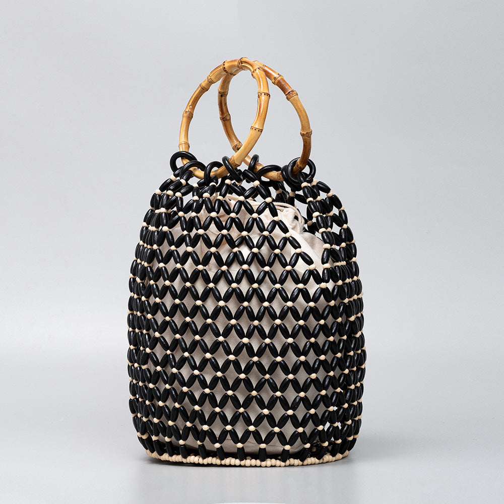 Handwoven Beaded Bucket Bag with Bamboo Handles