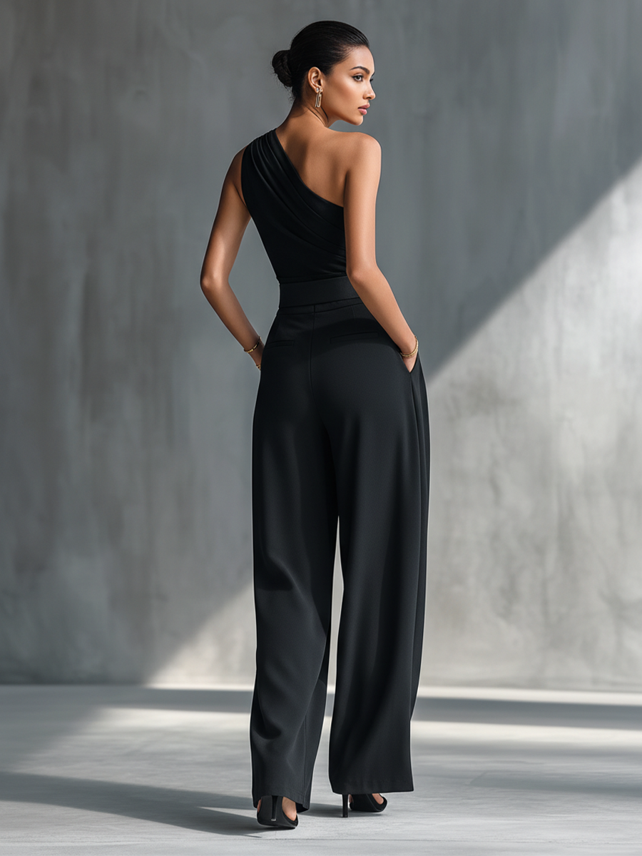 Silk One-Shoulder Wide-Leg Jumpsuit with Belted Waist and Draped Design