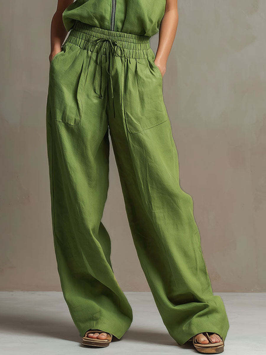 Linen Sleeveless Zip Up Top and Wide Leg Pants Set