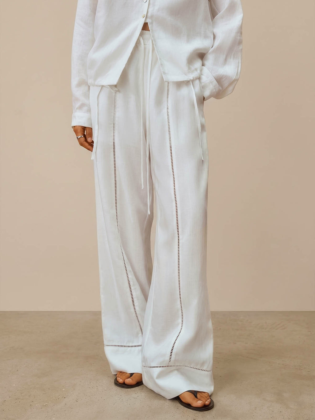 Lace-Trimmed Cutout Linen Pants