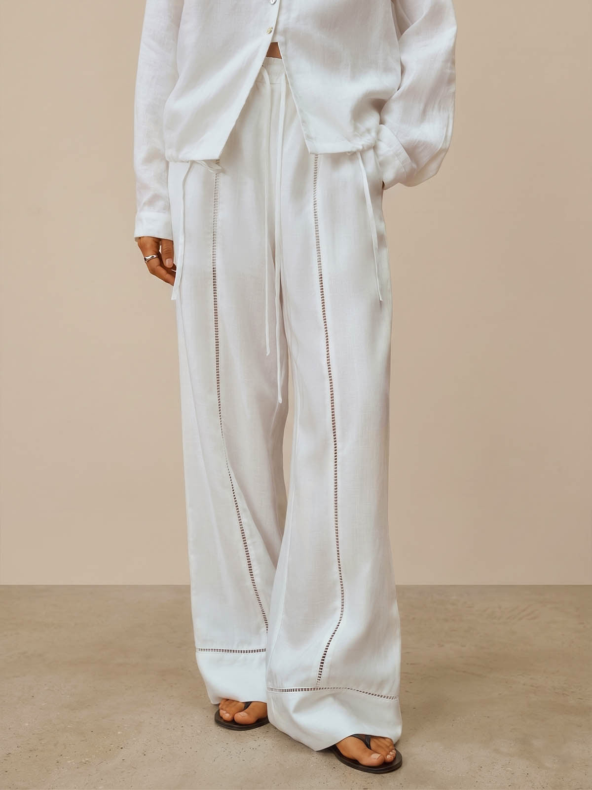Lace-Trimmed Cutout Linen Pants