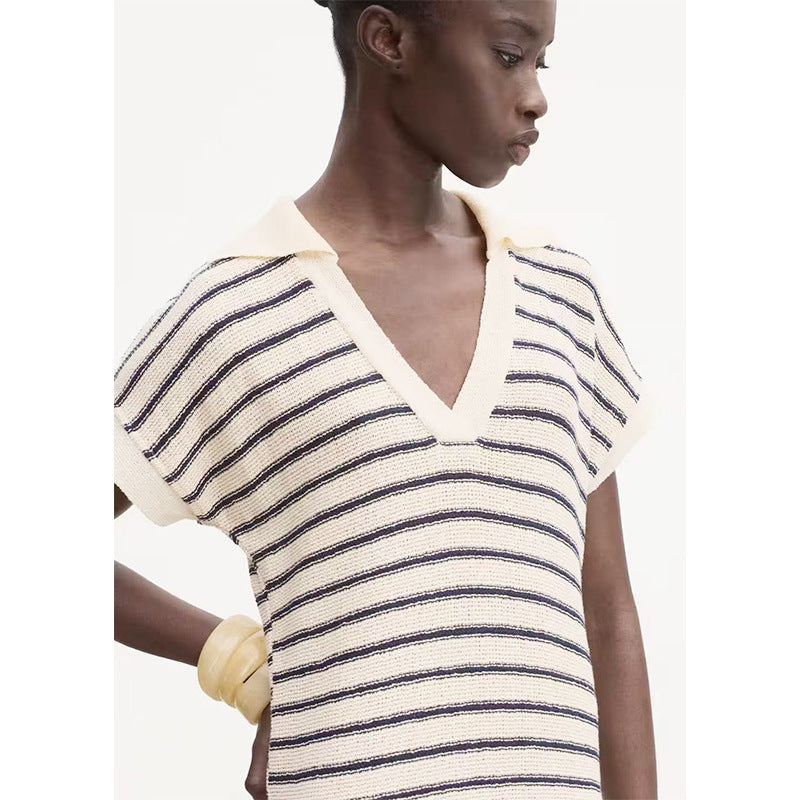 Striped V-Neck Knit Polo Maxi Dress