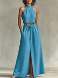 Linen Two-Piece Set Women's Crop Top and Maxi Skirt Set Summer Boho Outfit High Neck Sleeveless Wide Leg Split Front Long Skirt