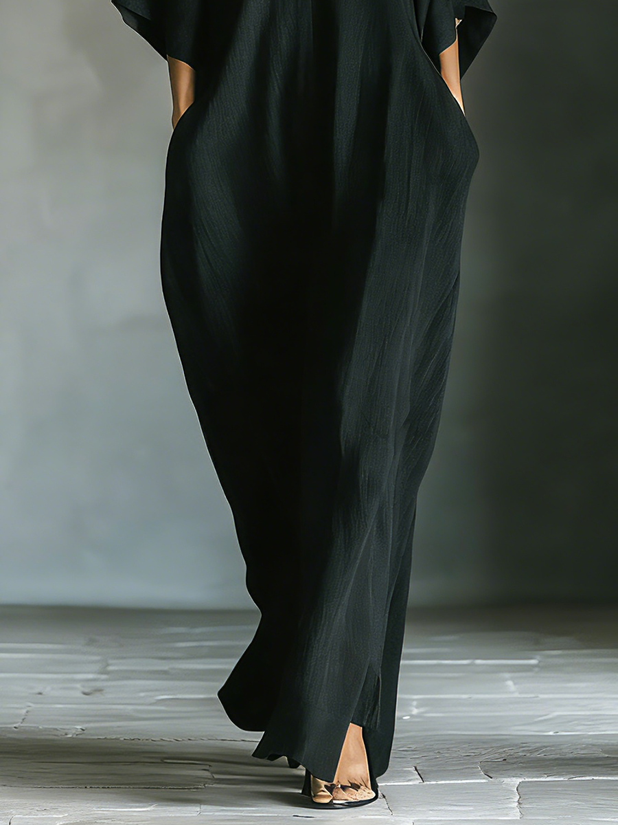 Linen Maxi Dress for Women - Elegant Long Flowy Cape Sleeve V-Neck Boho Style Black Robe Dress with Pockets