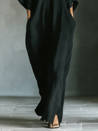 Vestido largo de lino para mujer - Elegante vestido largo fluido estilo bohemio con mangas tipo capa y escote en V, color negro, con bolsillos.