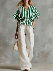 Striped V-Neck Peplum Top & Wide-Leg Pants Set