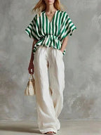 Ensemble top péplum col en V rayé et pantalon large