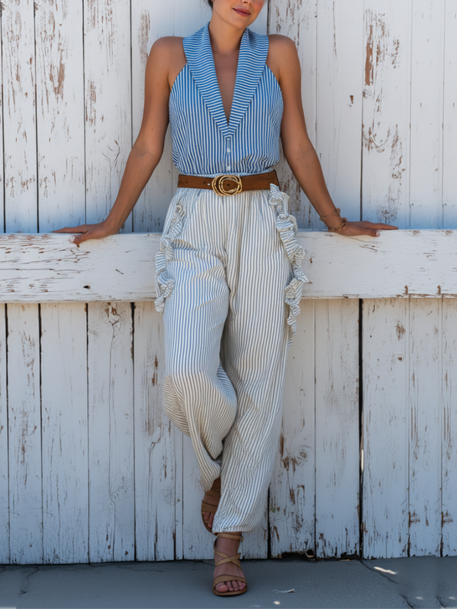 Cotton Linen Blend Striped Sleeveless Top and Wide Leg Pants Set with Ruffle Details