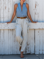 Ensemble top sans manches rayé en mélange coton-lin et pantalon large avec détails volantés