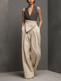 Cotton Blend High-Waisted Wide-Leg Trousers with Draped Waistband and Sleeveless Wrap Top Set