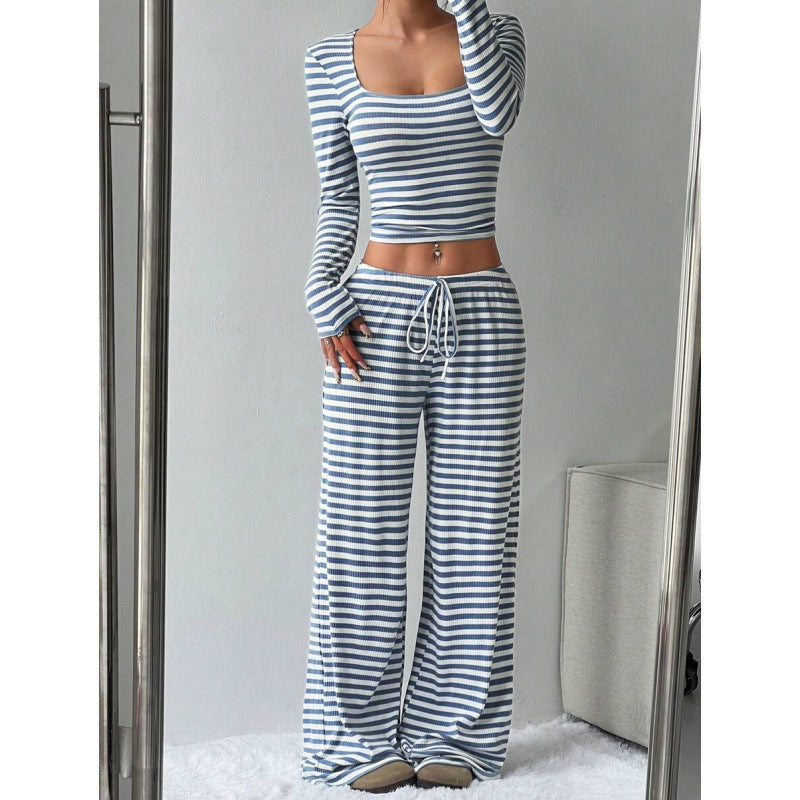 Striped Crop Top Wide Leg Pants Set